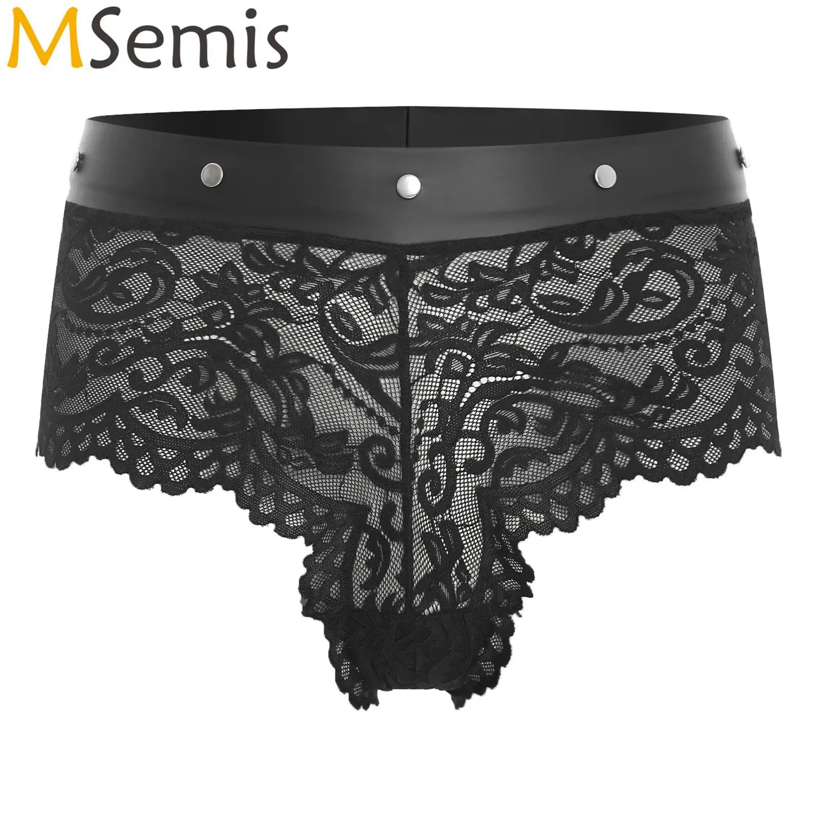 

Womens Lingerie See Through Floral Lace Panties PU Leather Waistband with Rivets Decor High Waist Briefs Underwear Sexy Clubwear
