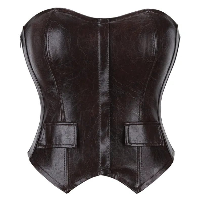 Faux Leather Corset Top with Zip Women Steampunk Gothic Waist Trainer Bustier Vintage Overbust Corselet Sexy Clubwear