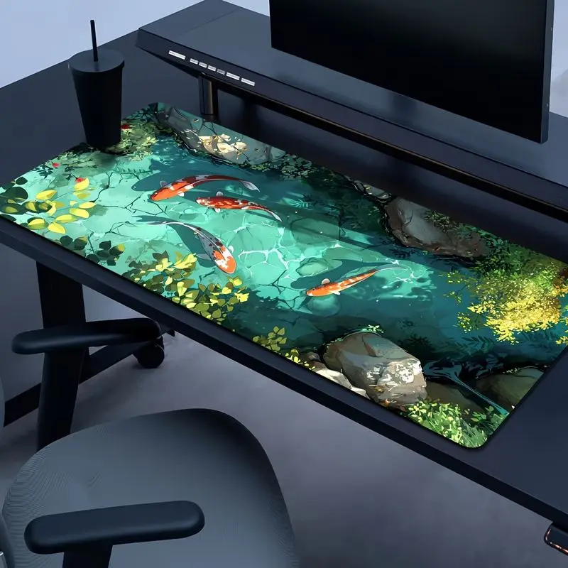VIKAMA Green Plant Water Koi Fish XXL Desk Mat Anti Slip Clear Pond Pattern Large Gaming Keyboard Mouse Pad Desktop Decor