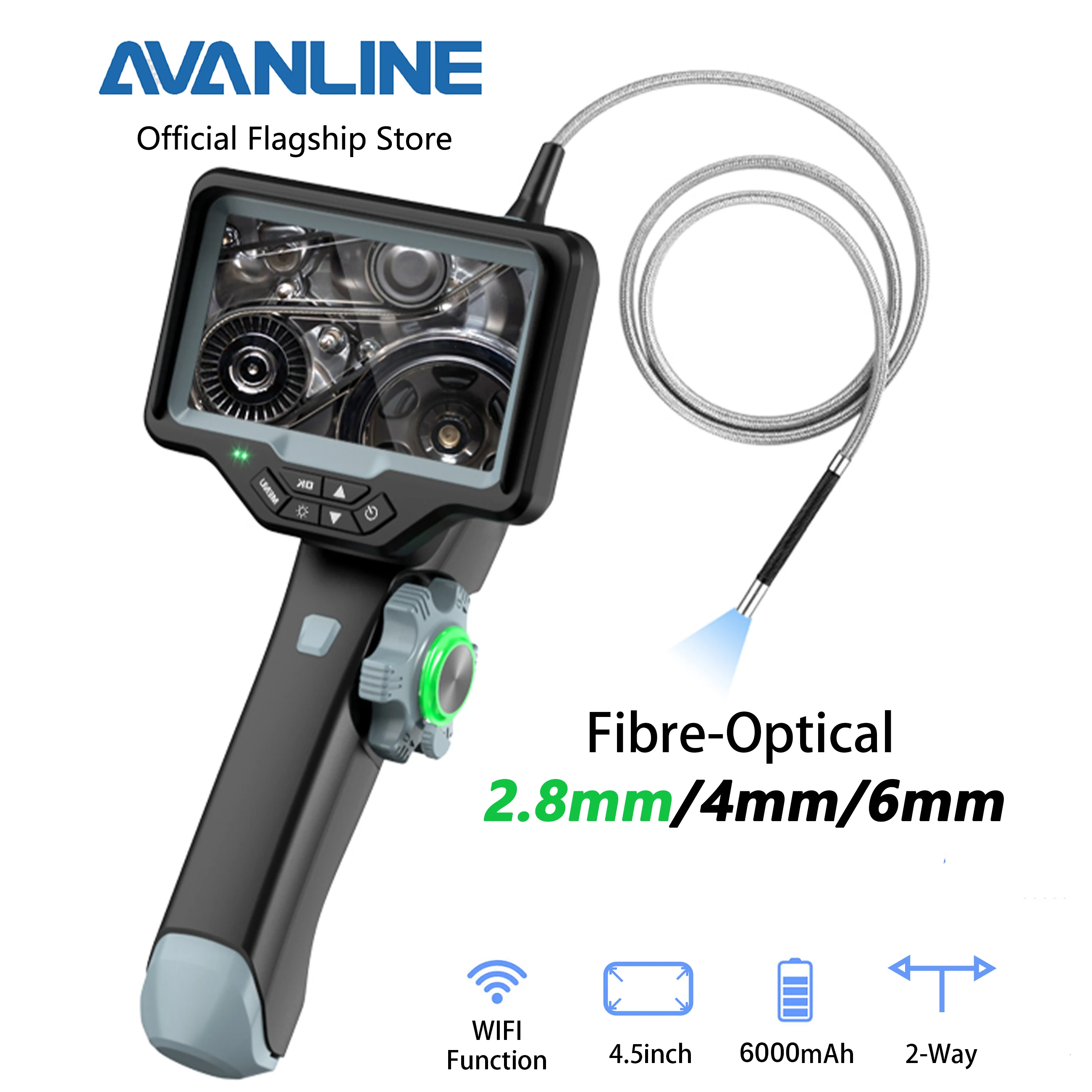 AVANLINE 2.8mm Fibre-optical Articulating Borescope 4.5inch 2way Industrial Endoscope WIFI function Thermostability 1M