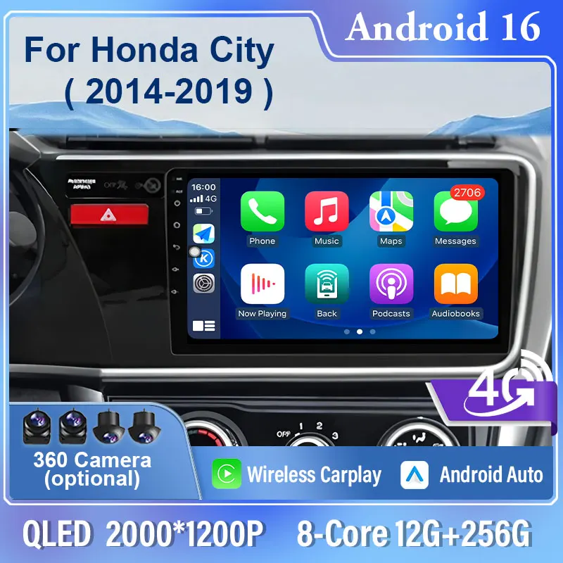 

Android 16 Car Radio For For Honda City 2014-2019 4G LTE 5G WIFI 2DIN GPS NAVI Multimedia Stereo Video Player BT