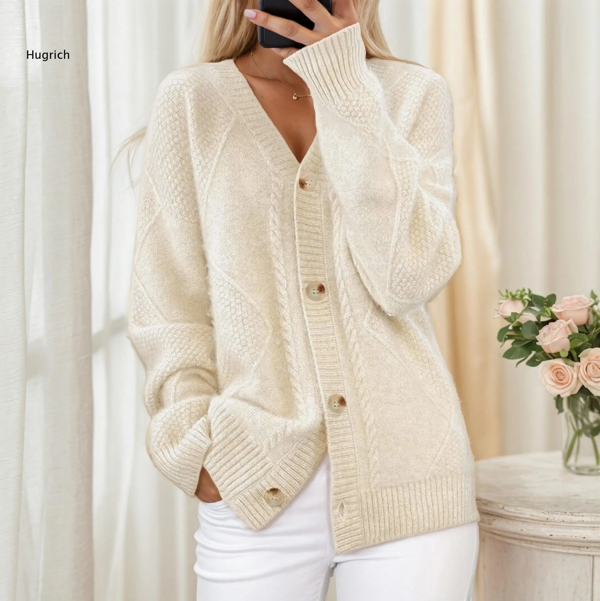 Women Beige V Neck Knit Cardigan Long Sleeve Button Front Cable Knit Texture Loose Fit Autumn Winter Casual Sweater