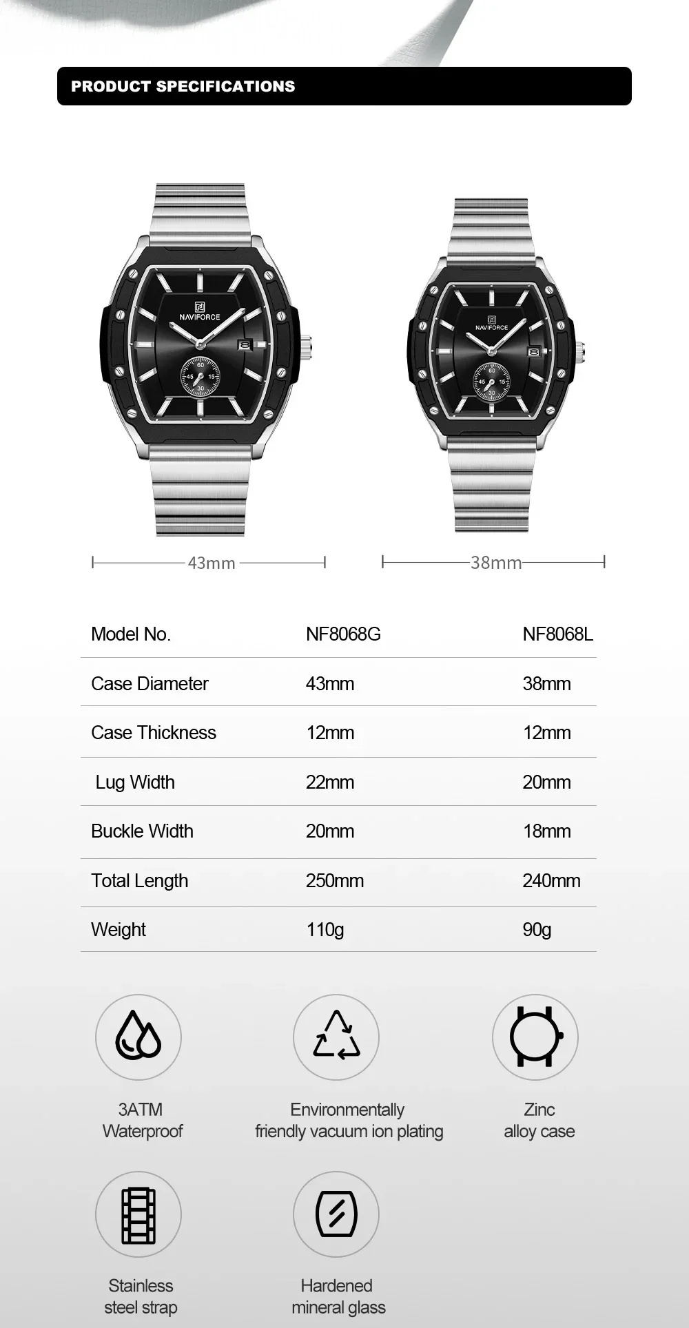 NAVIFORCE NF8068 ساعات الزوجين سوار فولاذي غير قابل للصدأ مقاوم للماء كوارتز هدية للأزواج عرض التاريخ ساعة مضيئة