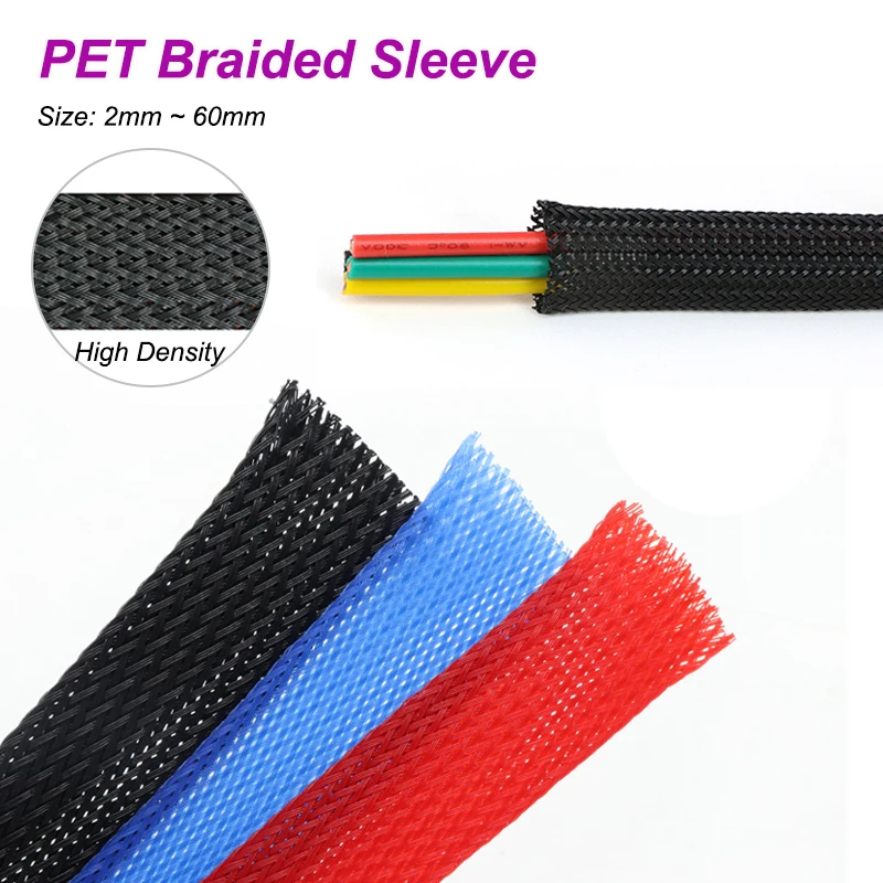 1/3/5/10/20m Insulated PET Braid Sleeves  2mm - 60mm Black Red Blue High Density Wire Wrap Tight Cable Sleeved Protection Sheath