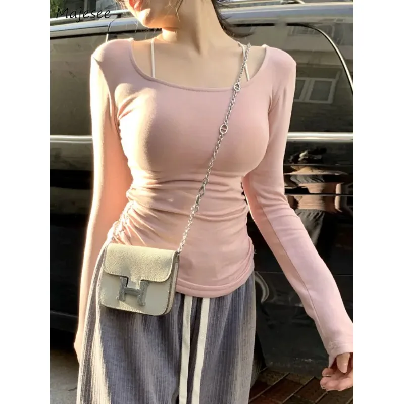 Slim T-shirts Women Long Sleeve Pink Tops Solid Hotsweet Ins Korean Fashion Clothes Autumn New Casual Simple Sexy College Girls