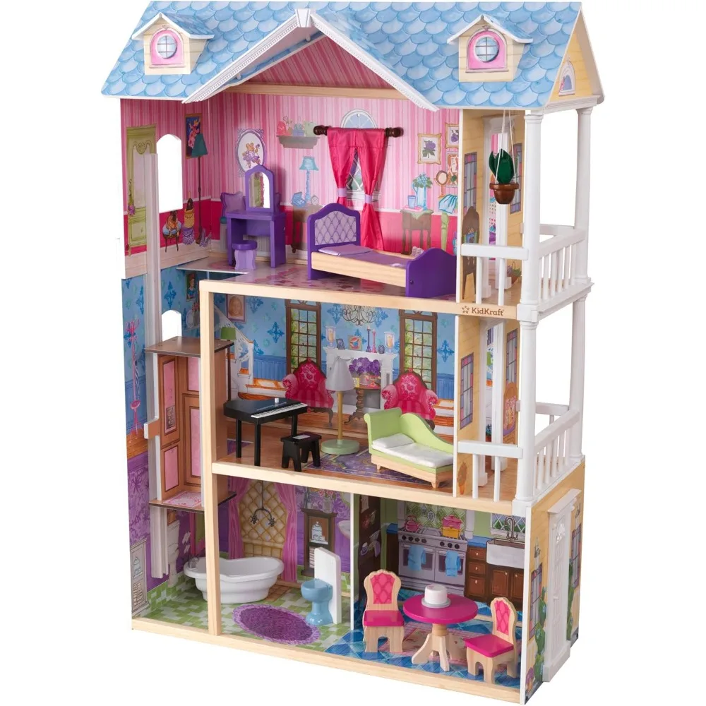 

My Dreamy Wooden Dollhouse with Lights and Sounds, Elevator and 14 Accessories, Gift for Ages 3+