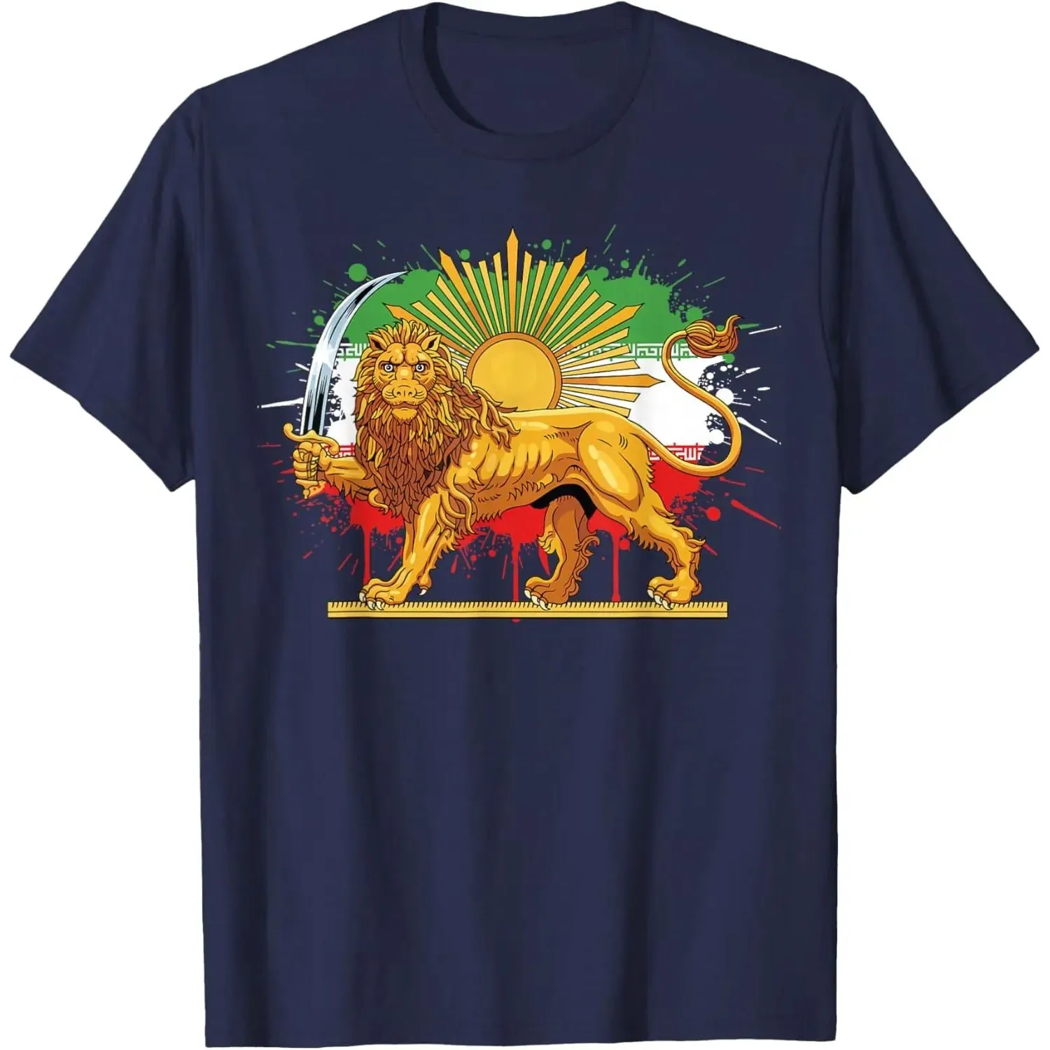 Camiseta con diseño de león y sol de Persia para hombre y mujer, cuello redondo, piel sintética, manga larga, verano 2015, no se decolora