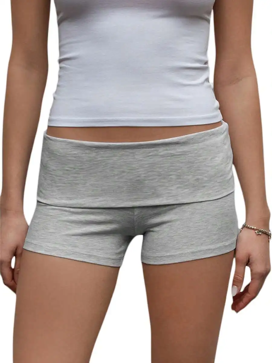 

Womens Summer Slim Fold Over Low Waist Casual Yoga Shorts Solid Color