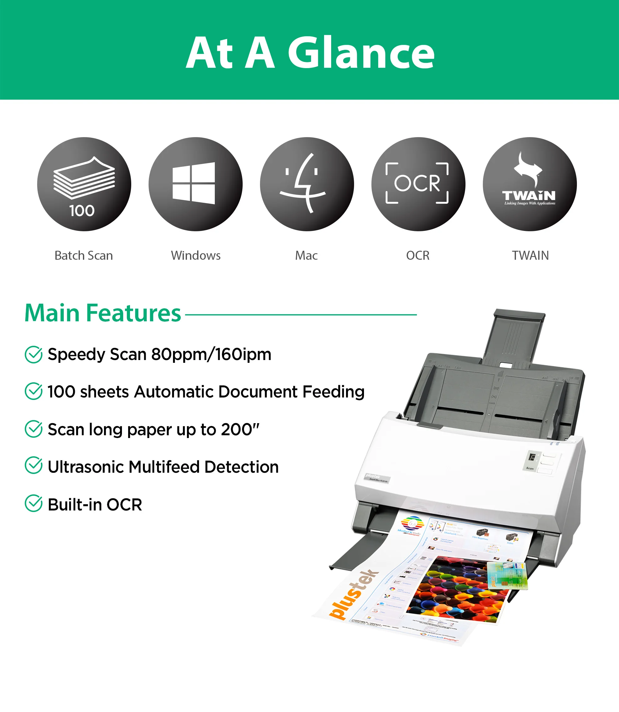 PS3180U High-Speed Duplex Document Scanner, 80ppm with 100 page auto Document Feeder - Support Mac / PC