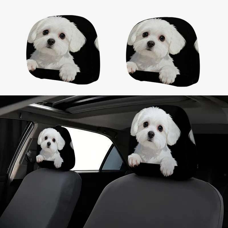 2pcs/4pcs White Dog Print  Headrest Covers, 2D Flat Elastic Material, Washable and Easy to Install,