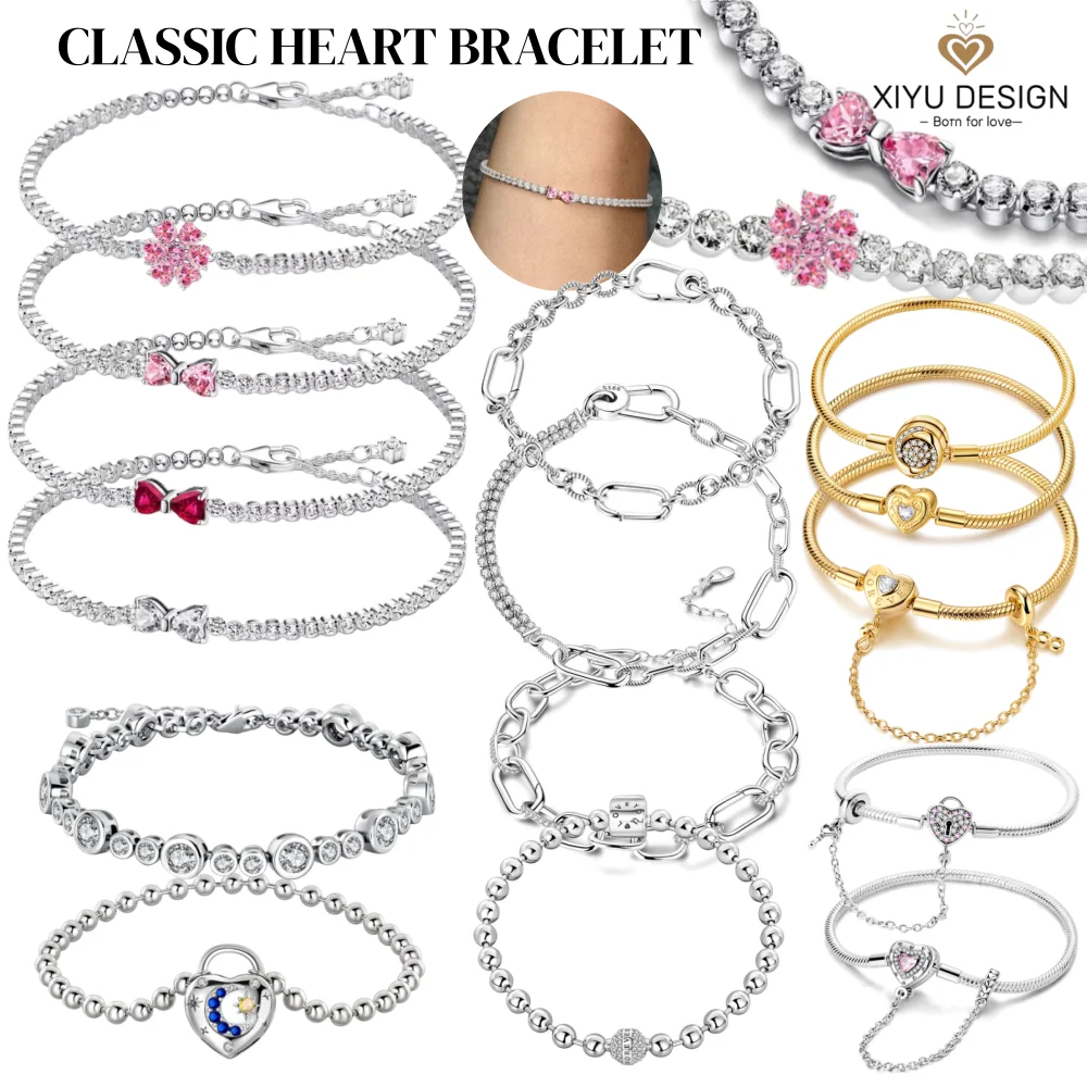 2025 Valentine  New 925 Silver Pink Bow Full Diamond Bracelet Original 17-20CM Fit DIY Charm Women Birthday Jewelry Gifts