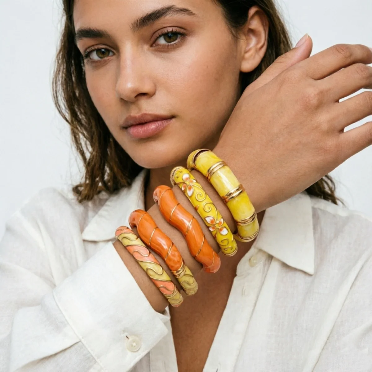 Modische Gelbe Emaille-Manschettenarmbänder für Damen und Herren, Retro-Stil mit Ast-, Wellen-, Stern-, Blatt-, Blumen- und Bambus-Motiven, Armschmuck – Detail 21