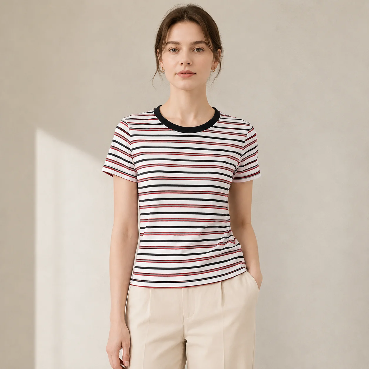EOENKKY Women Striped T Shirt 95% Cotton Crew Neck Short Sleeve Slim Fit Casual Summer Top Contrast Collar Plus Size M-3XL