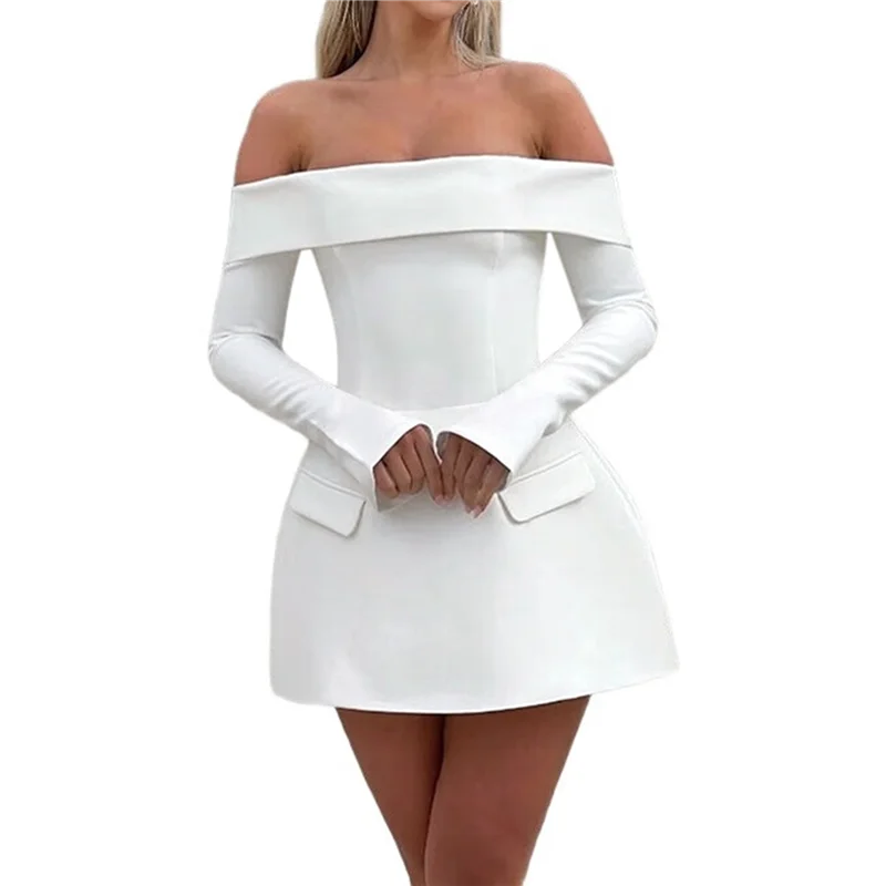 NEU-Damen Minikleid, schulterfrei, langärmelig, A-Linien-Kleid, kurze formelle Kleider, Party, Clubwear