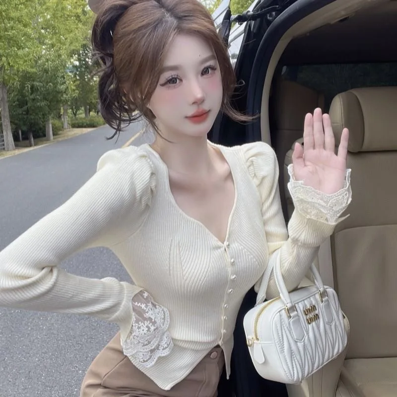 Korean Knitted Cardigan Women Sexy Top V-neck Lace Long Sleeve Autumn Slim Shirt