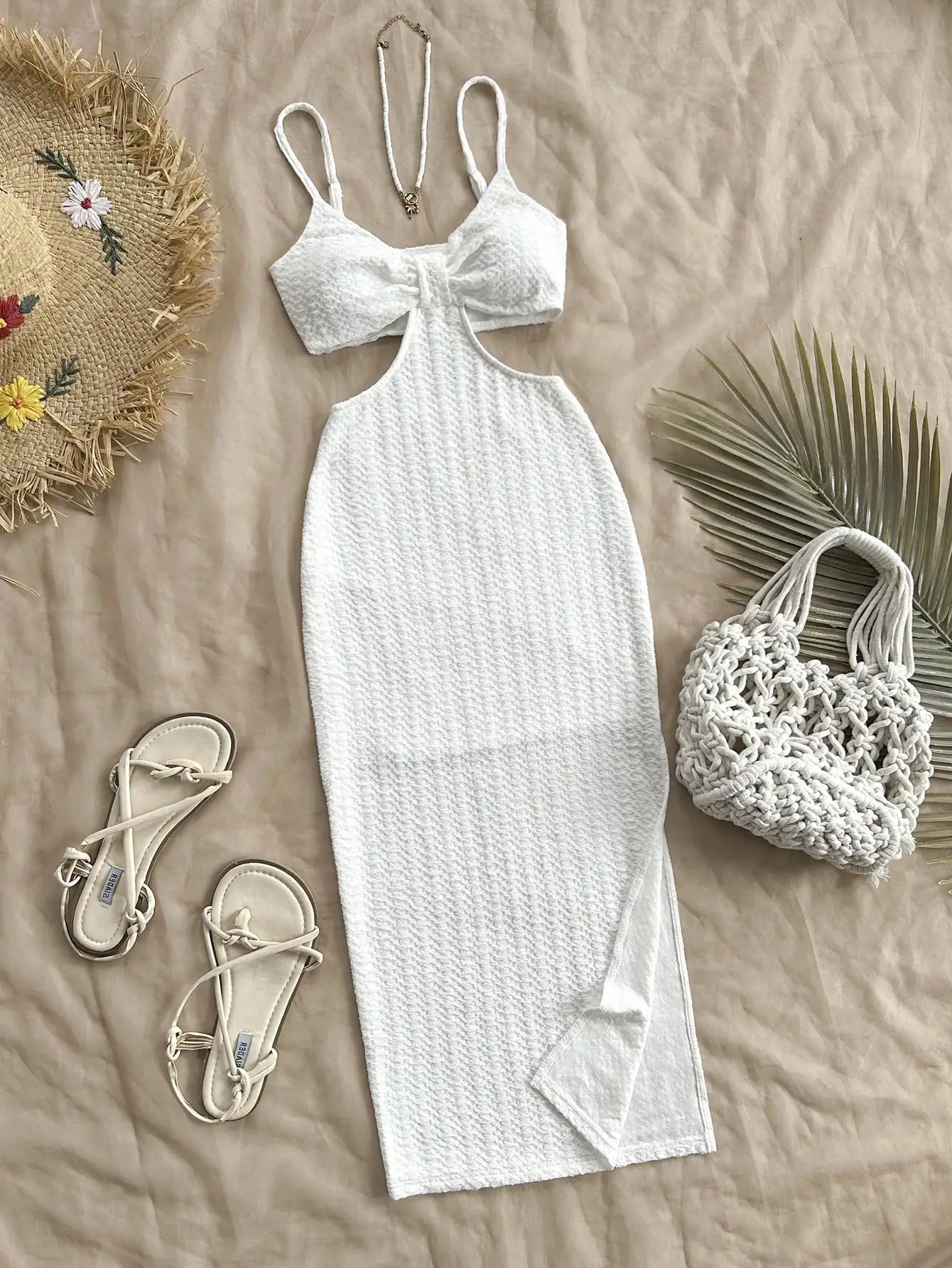 

White Textured Cutout Waist Cami Set with Side Slit Skirt