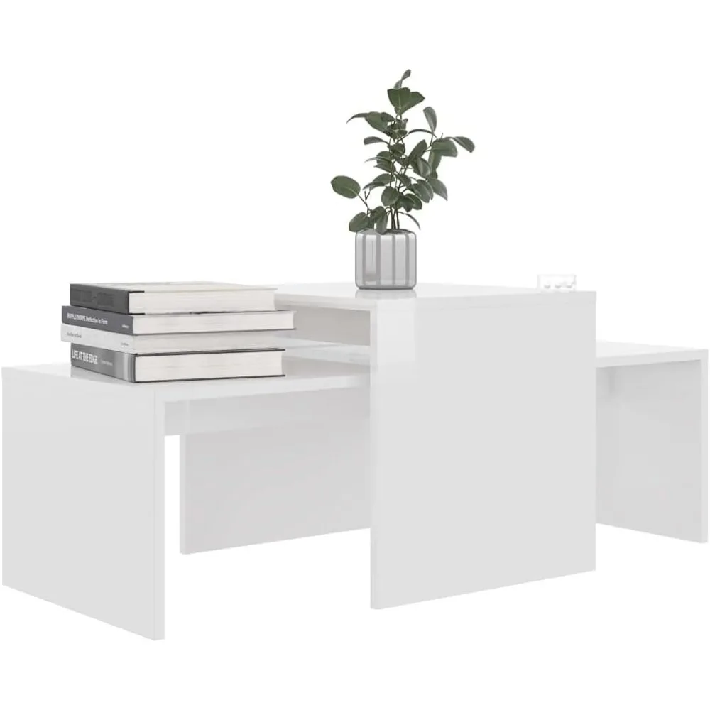 Set Meja Kopi Modern High Gloss Putih untuk Ruang Tamu dengan Meja Samping Sofa yang Dapat Disusun