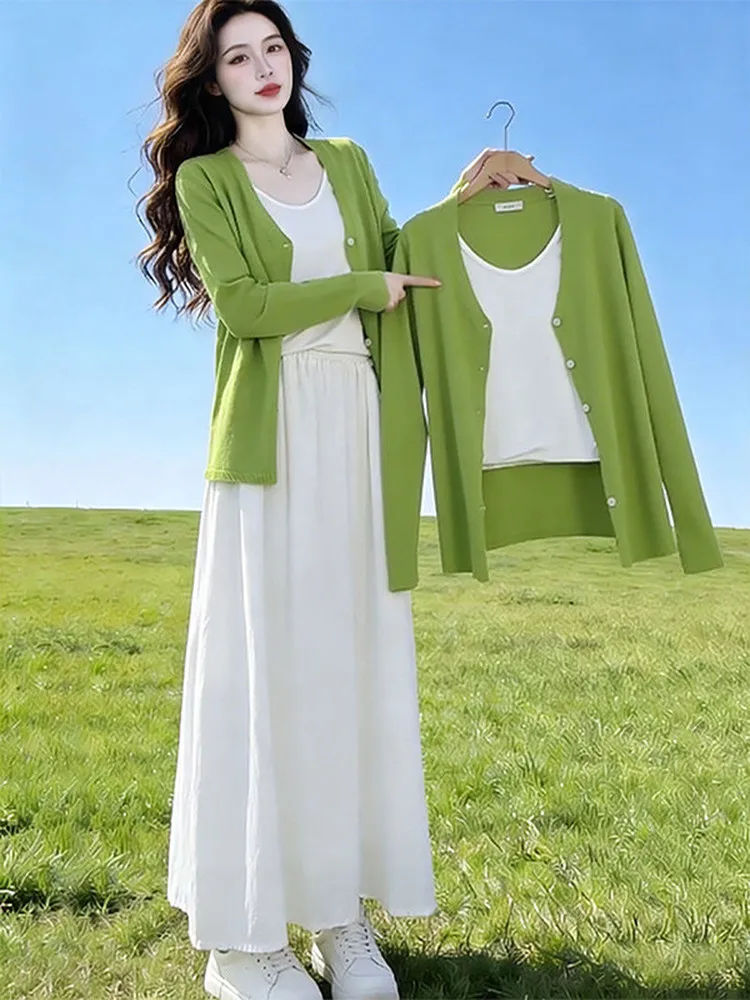 

Spring Dopa Three-Piece Set Women's Lazy Style Green Open Cardigan T-Shirt White Skirt Bright Feelings Fashionable Outfit