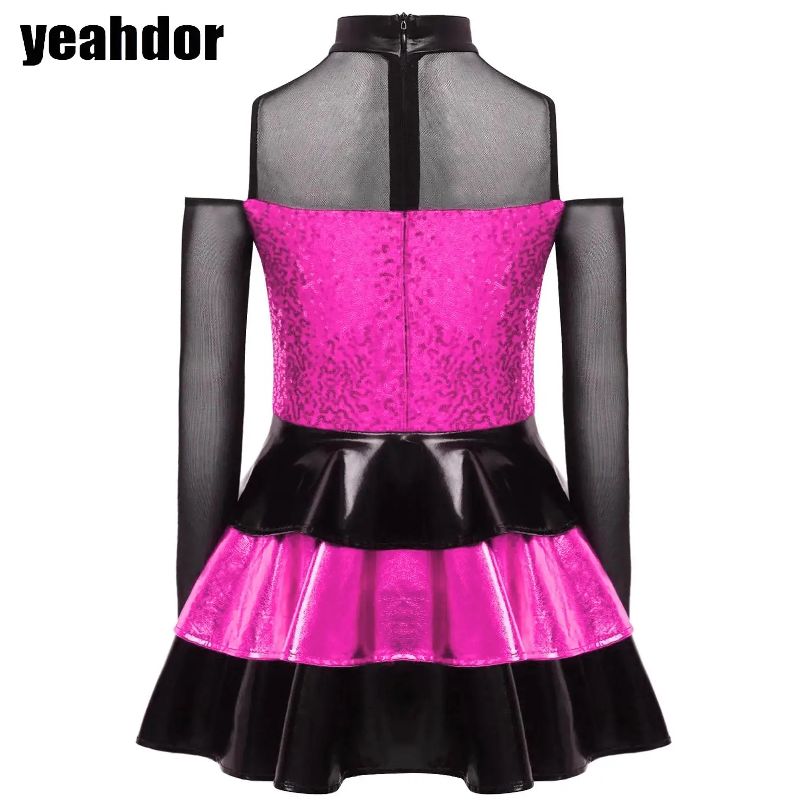 

Girls Sequins Jazz Dance Dress Long Sleeve Cold Shoulder Tiered Ruffled Lyrical Ballet Dress Hiphop Chacha Ballroom Dancewear