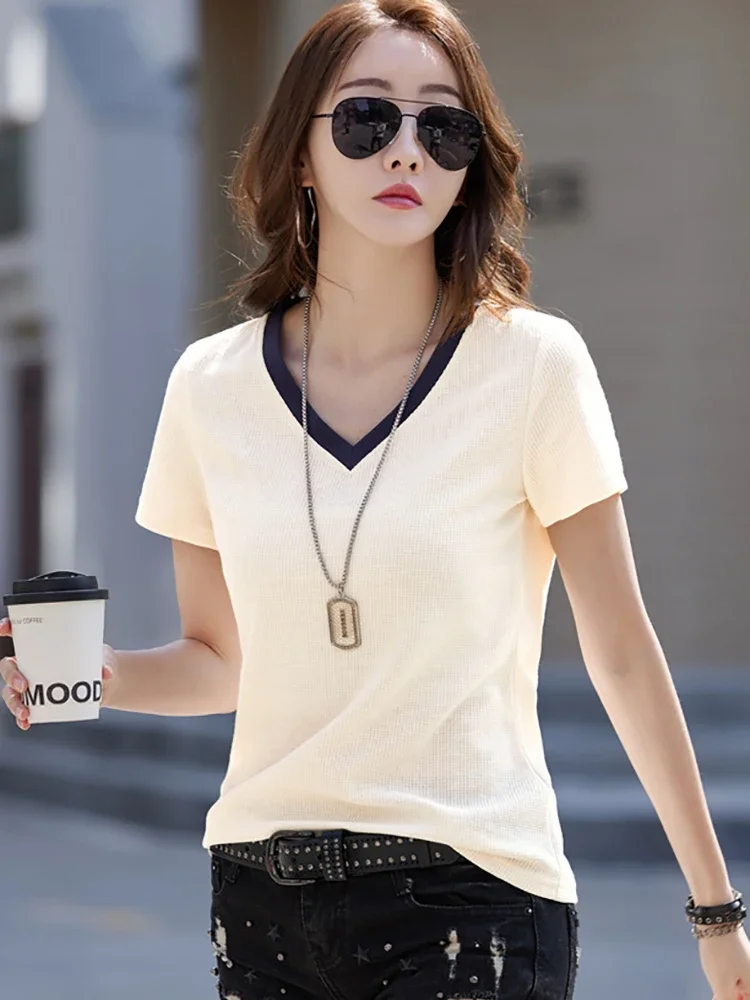 Cotton T Shirt Women Korean Fashion Short Sleeve T-shirts Summer 2024 New Loose O Neck Casual Plaid Tee Shirts Female White Tops