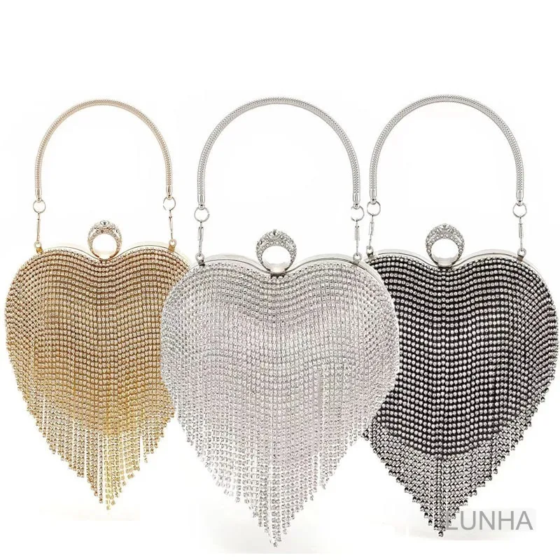 Pochette da donna Borsa da sera con nappa con strass Borsa da banchetto con diamanti a forma di cuore per abiti da festa