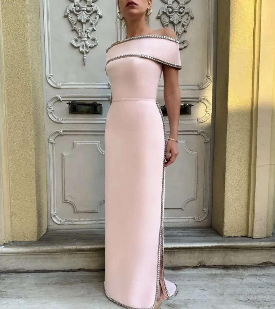 

2025 Elegant Pink Evening Dress Women's Off the Shoulder Column Beads Formal Prom Party Gown Vestidos Feast Robe De Soiree