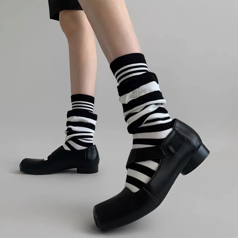 

4Pairs Fashion Fake Two Piece Ruffle Stripe Stocking Loose Patchwork Striped Pile Socks Warm Soft Mid-tube Socks Girl