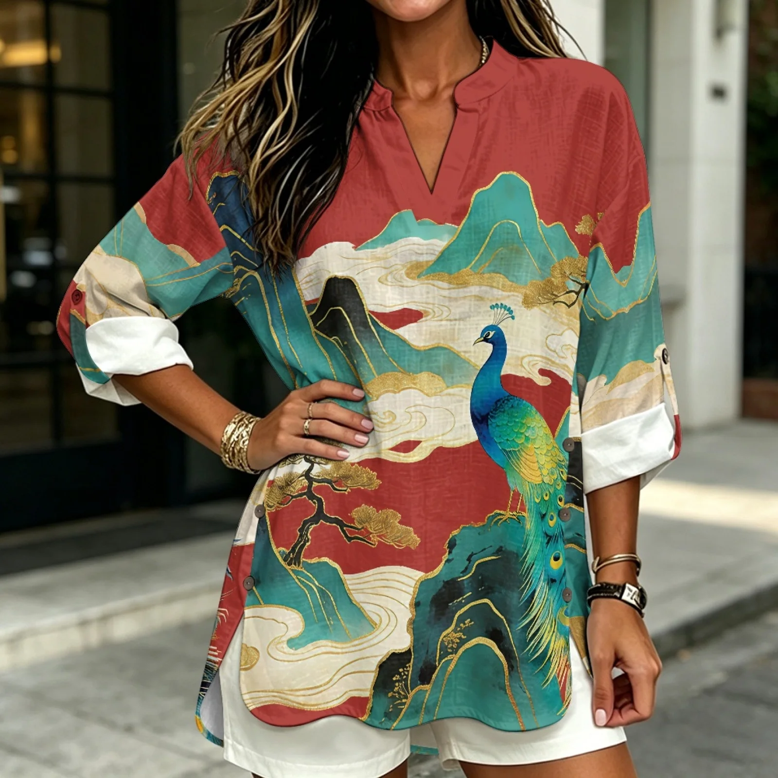 PENSTROLL Peacock Mountain Linen Style Casual Loose Fit Blouses for Beach Walks Relaxed Fit V Neck Blouse Tunic Blouse