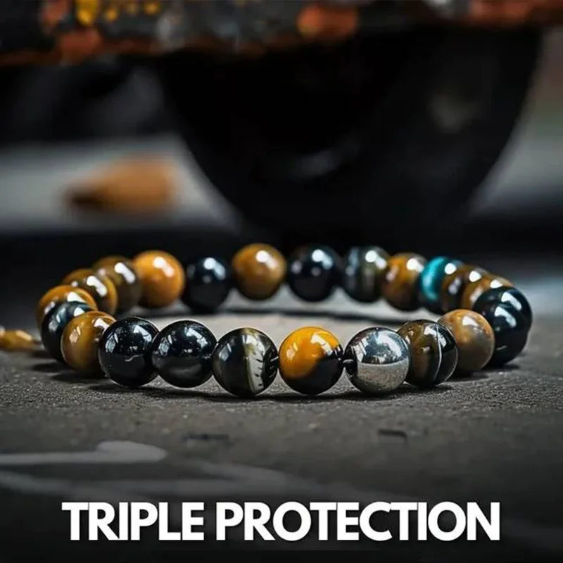 1pc Triple Protection Bracelet Black Tourmaline, Tiger eye, Hematite Round Bead Bracelet, For - Power, Protection, Balance