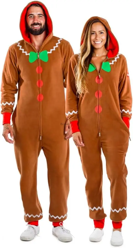 Elves Christmas Onesies for Adults Comfy Men’s and Women’s Matching Holiday Jumpsuits gingerbread cookie costume disfraz