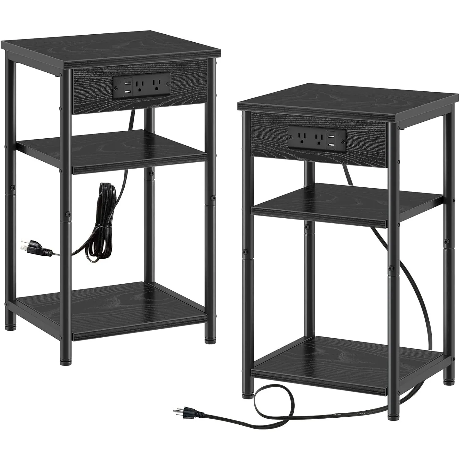 End Table with Charging Station, Night Stand with 3 Storage Shelves, Small Side Table for Small Space, Narrow Bedside Table