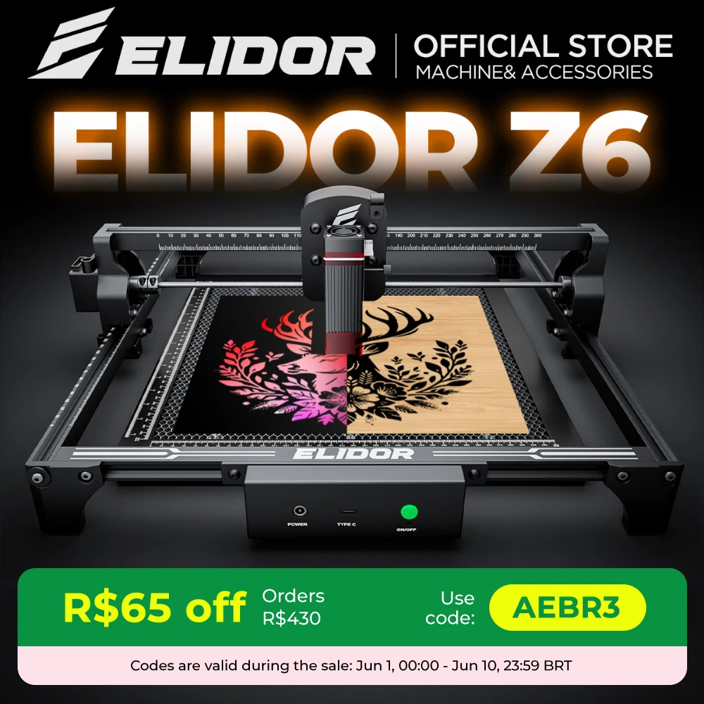 Elidor z6 6w gravador a laser e máquina de corte cnc diodo área trabalho 300x300mm marcação madeira compensada gravável vidro acrílico