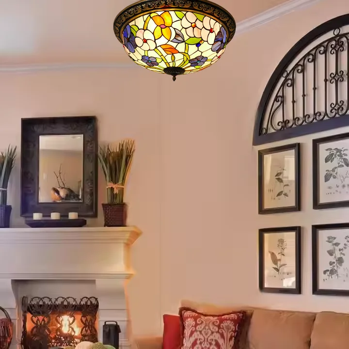 #@Vintage Tiffany Style Baroque Stained Glass Lotus Flower Flush Ceiling Light Suspended Install Hallway Living Room Metal Base