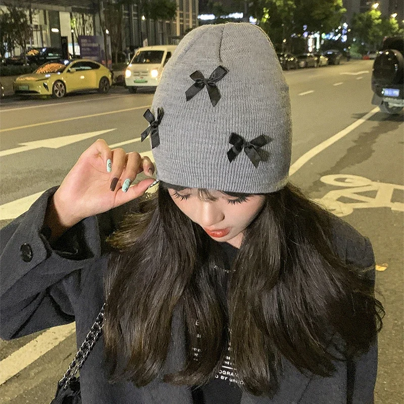 단색 리본 여성 모자 가을 겨울 니트 따뜻한 비니 소녀 방풍 크로셰 귀 보호 캡