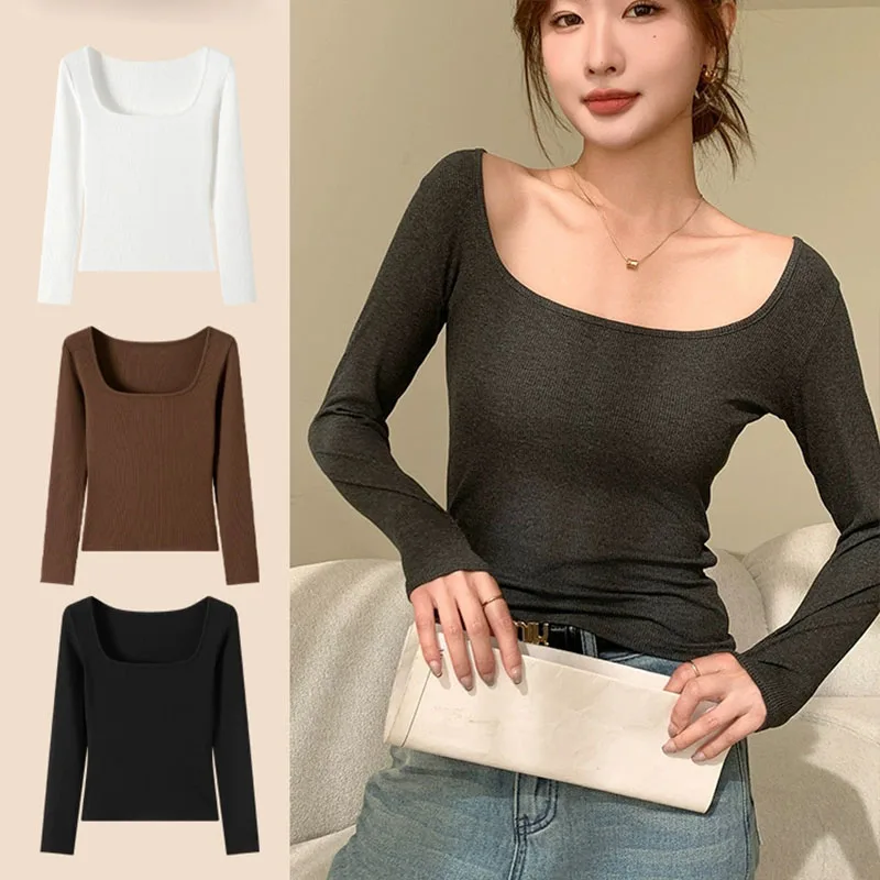 Basic Ribbed U-neck T-Shirts Female Korean Simple Casual Base Layer Crop Tops Ladies New Autumn Winter Long-sleeves T Shirt Tees