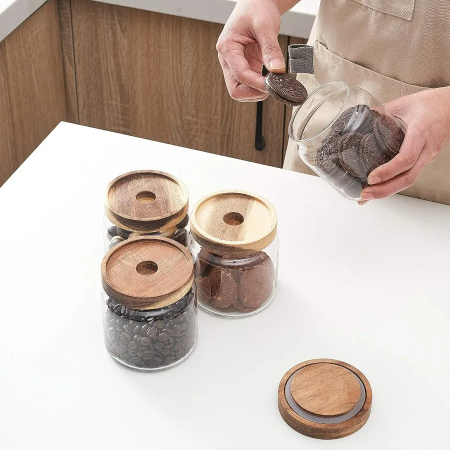 مجموعة من 4 برطمانات/علب طعام زجاجية شفافة مقاس 18 أونصة × 4 مع أغطية من خشب السنط مع ختم محكم الغلق لتخزين المطبخ/الحمام/الحلوى #2