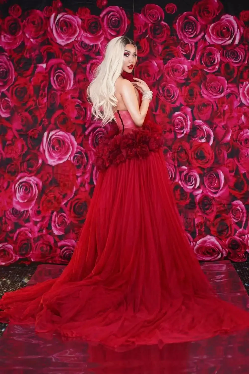 2019 flores vermelhas ver através do vestido aniversário celebrar vestido noite bar cantor mostrar palco roupa dança vestido longo