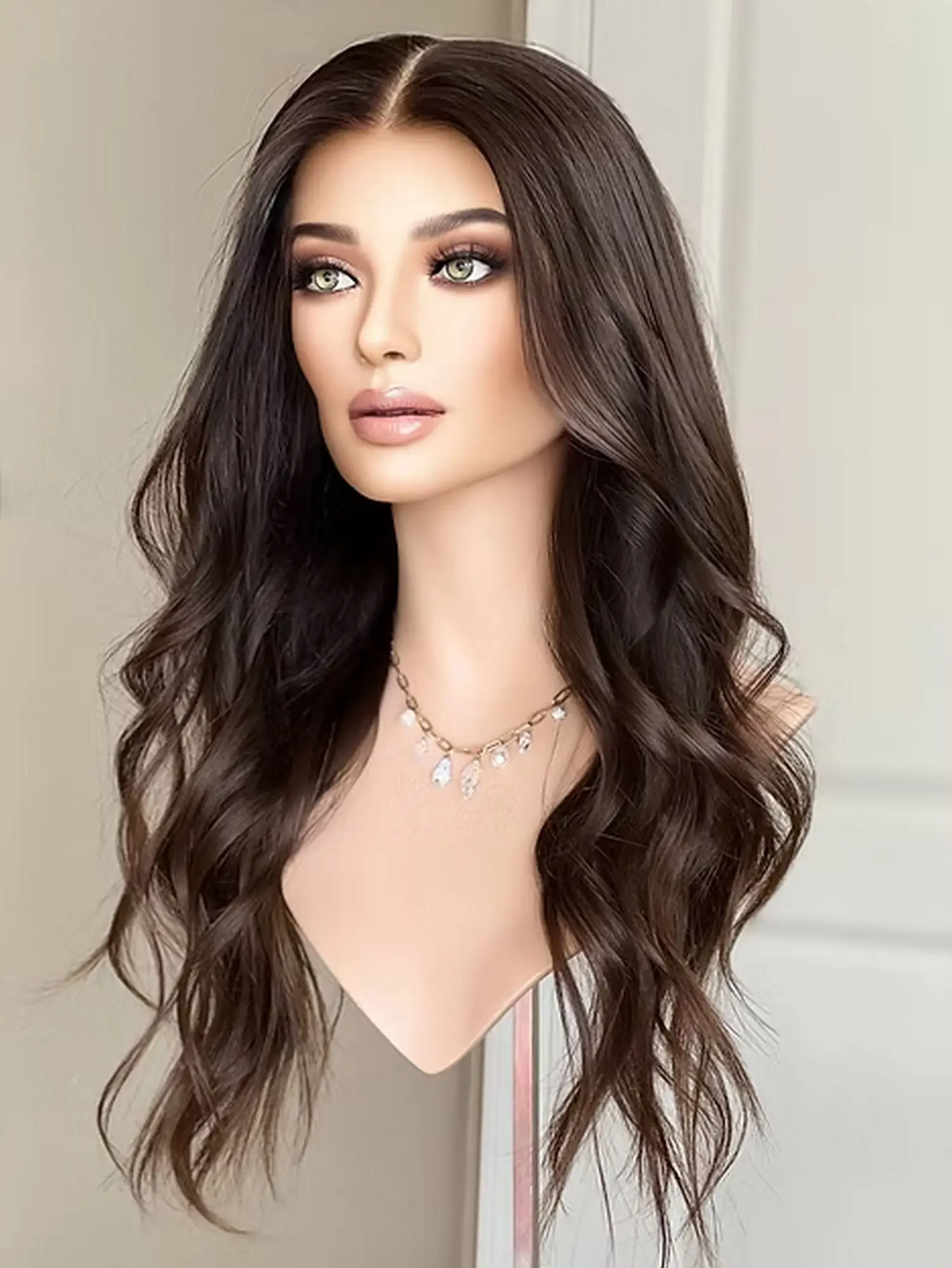26 Inches Chocolate Brown Shadow Roots Synthetic Lace Frontal Wigs Deep Loose Wave Brunette Glueless Wigs Beginner Friendly