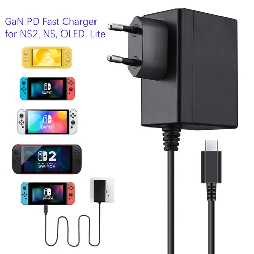 Adaptador de corriente USBC, cargador rápido GaN para Switch 2/Switch/OLED/Lite, fuente de alimentación para NS2 NS, compatible con Switch TV Dock 15V 2.6A