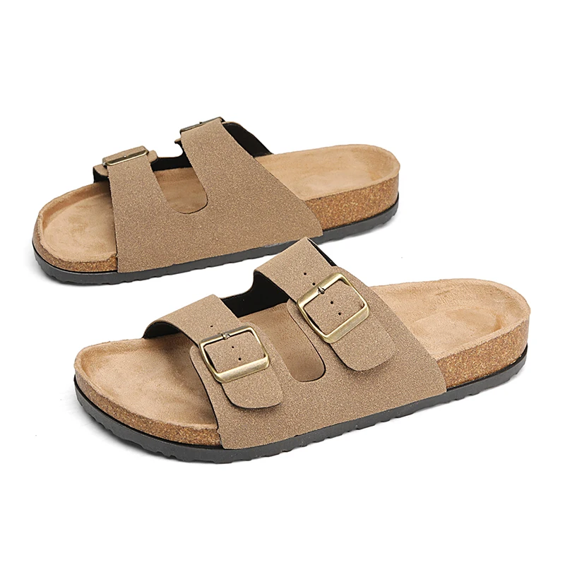 Summer Mens Suede Leather Cork Slippers Men Women Adjustable Slippers Slides Sandals Comfortable Cheap