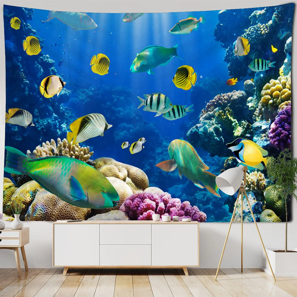 Underwater World Tapestry Wall Hanging Dolphin Shark Seaweed Home Art Decoration Background Bedroom Wall Cartoon Decoration
