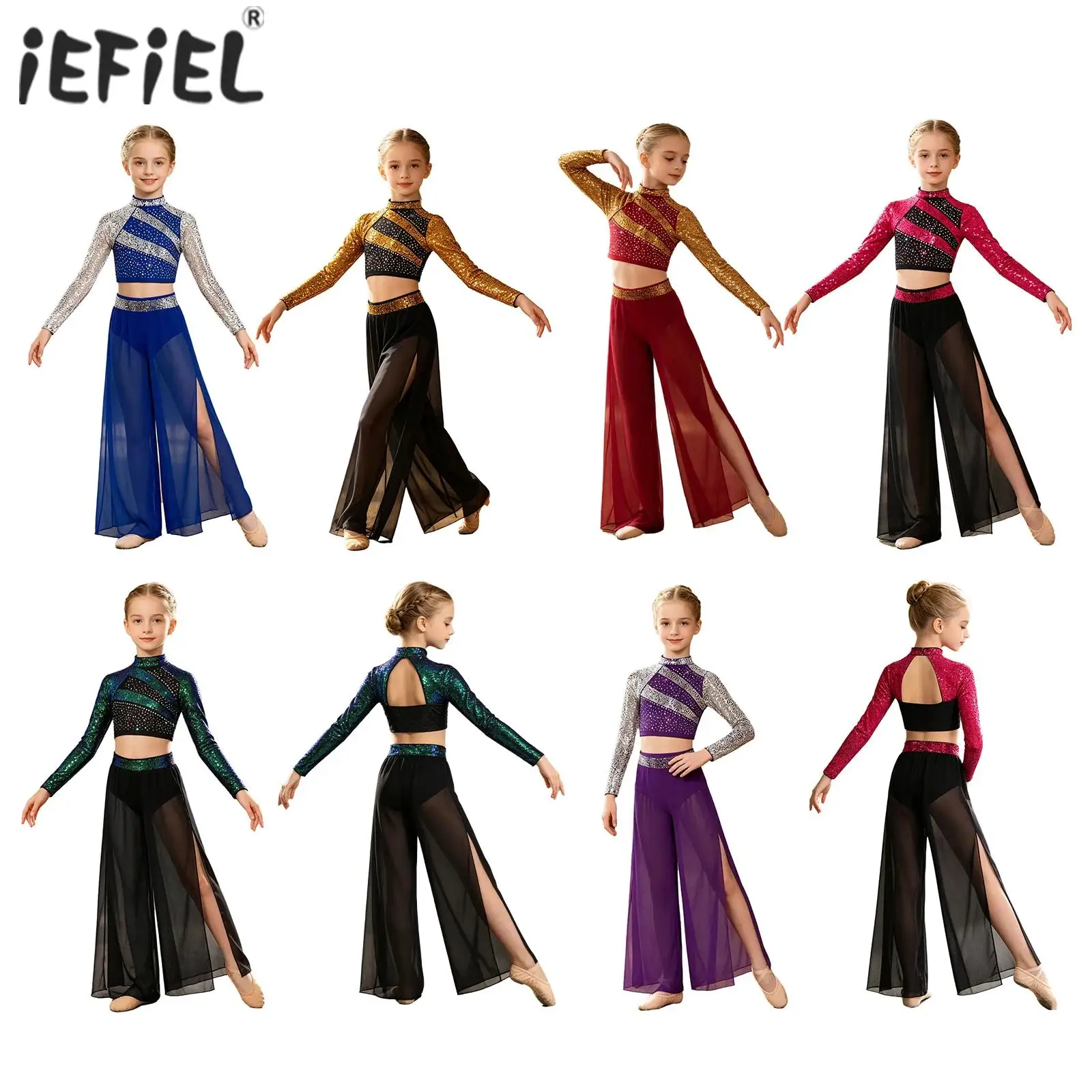 

Kids Girls Sequins Performance Costume Ballet Jazz Dance Outfits Crop Top with Flowing Chiffon Overlay Wide-Leg Side Slit Pants
