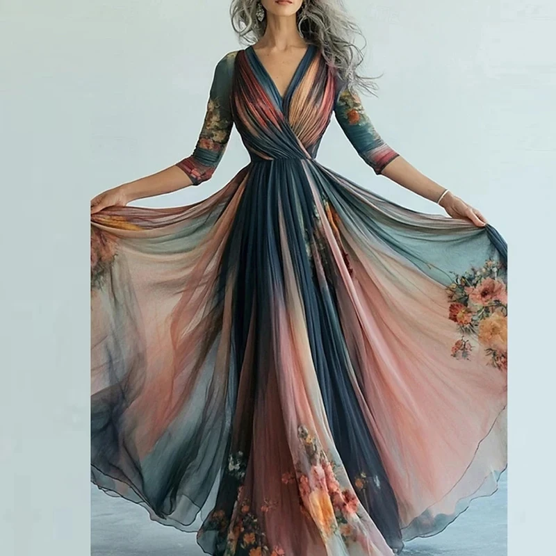 

Vintage Color Blocked Mesh Pleat Evening Dress Elegant V Neck Long Sleeve Swing Dress Leisure Bohemian Printed Maxi Dress Women