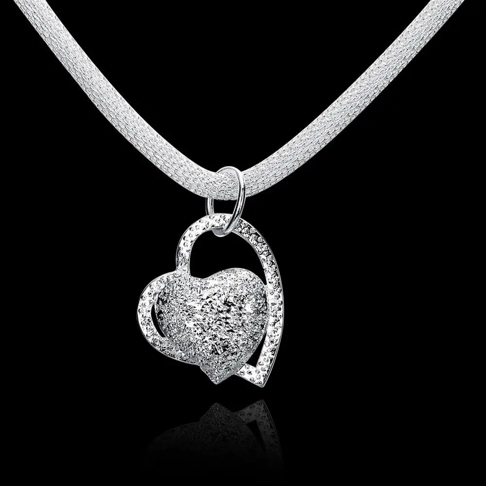 

Fashion 925 Sterling Silver Necklace For Women Jewelry Net Chain Romantic Frosted Double Heart Pendant Christmas Gift Wedding
