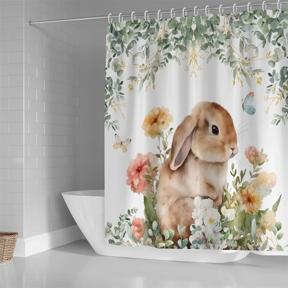 1PC, Garden rabbit, modern home bathroom waterproof shower curtain, 12 plastic hooks, 71in*71in