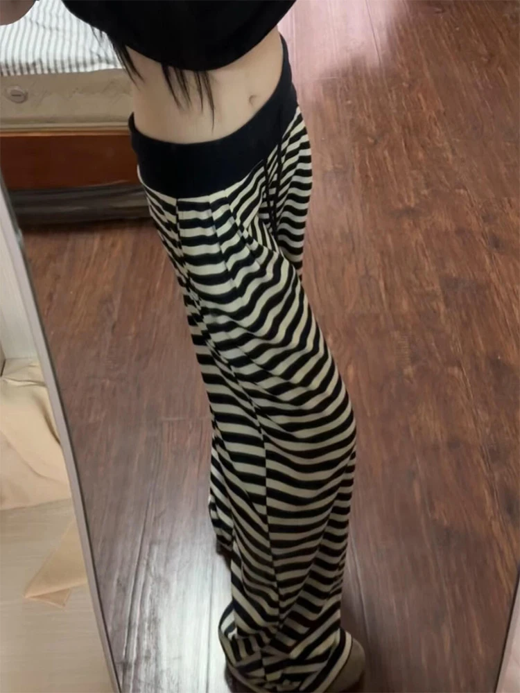 Pantaloni casual Dstring a righe retrò americani Pantaloni a gamba larga a gamba dritta a vita alta da donna dimagranti