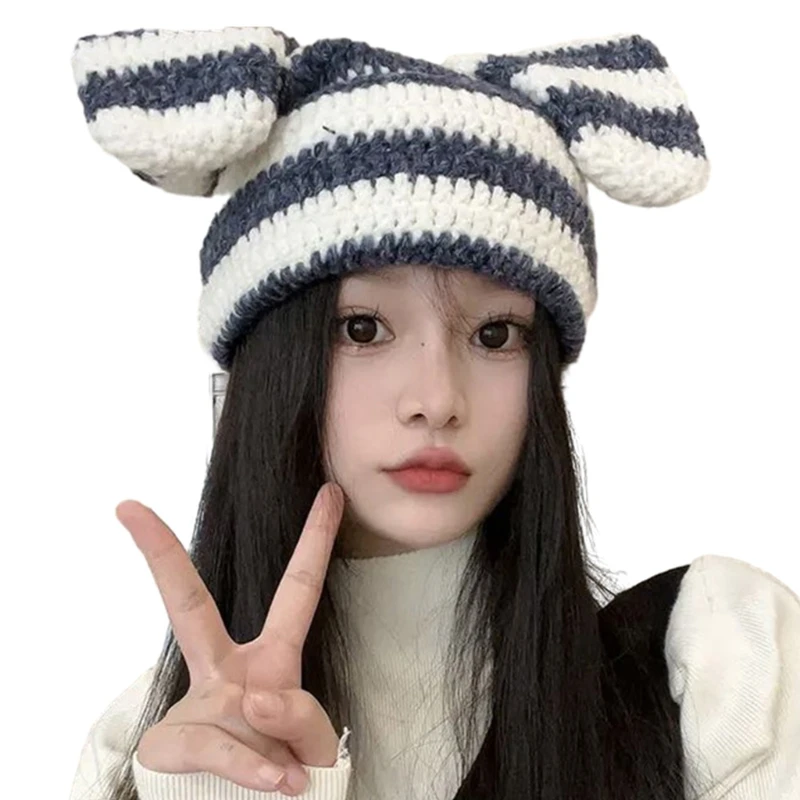 

Winter Warm Knit Hat with Soft Breathable Crochet Stripe Beanie Women Headdress Outdoor Activity Headgear