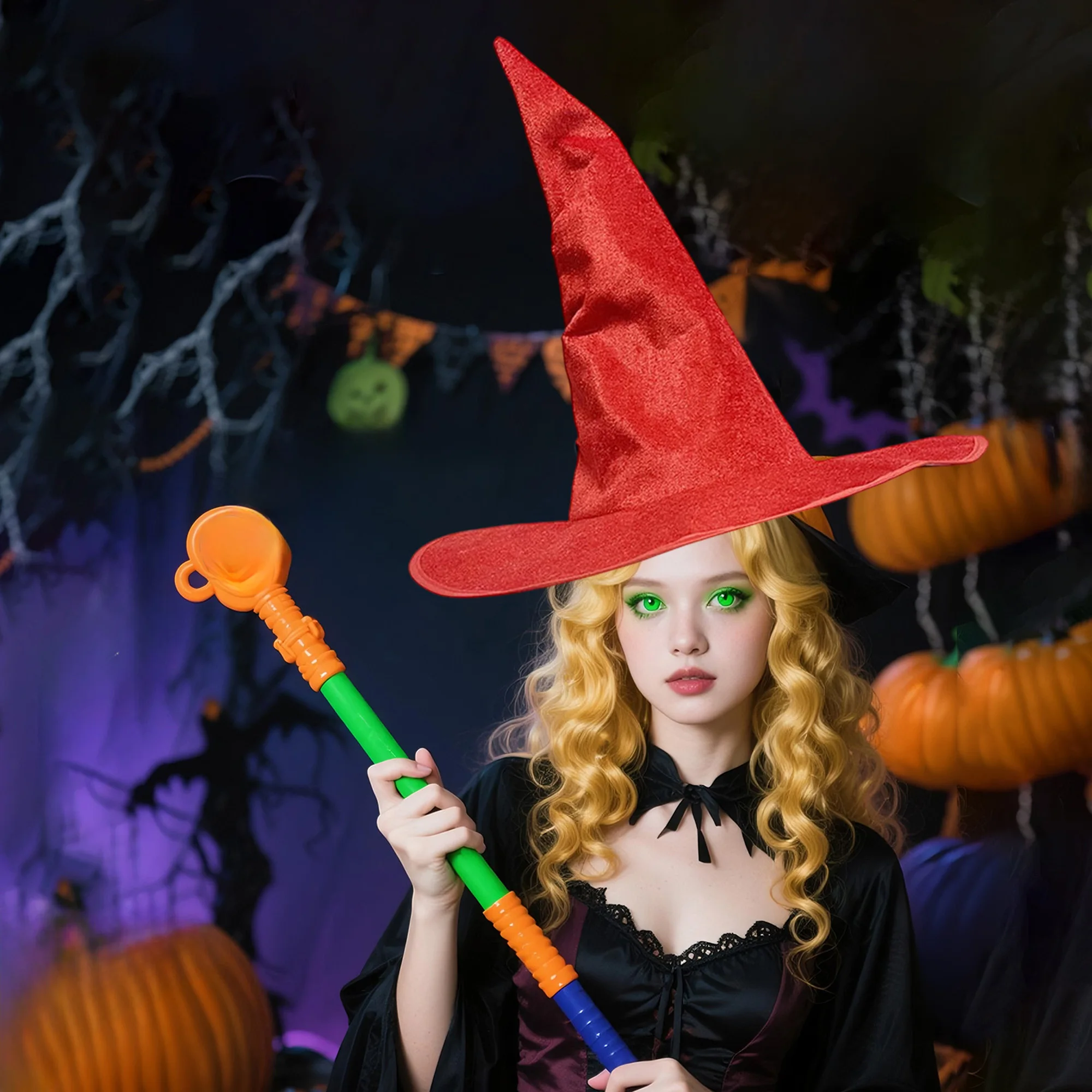 หมวกแม่มดกํามะหยี่สีดําพร้อมรายละเอียด Ruched และปีกกว้างสําหรับผู้ใหญ่ - อุปกรณ์เสริมเครื่องแต่งกายฮาโลวีนสําหรับคอสเพลย์