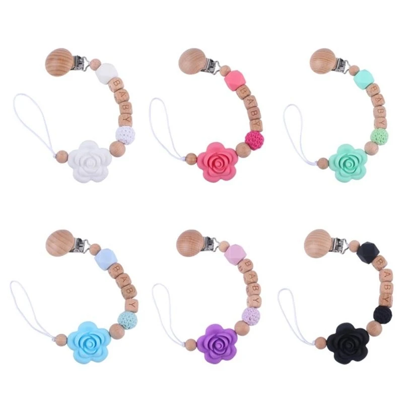 

J15U Bead Baby Boy Girls Holder Soother Pacifier Clip Silicone Rose Teething Toy
