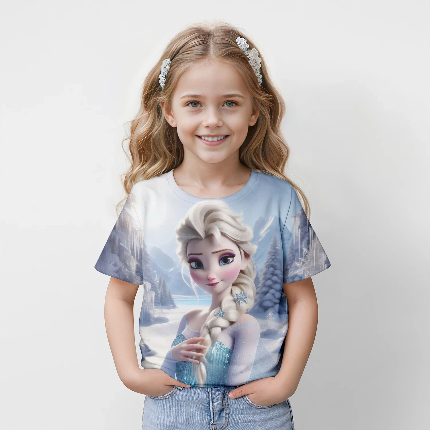 New Kids Frozen Elsa Cartoon Tops Tees 3D Print  T-shirt Children Casual Short Sleeve Clothing  Girls Sports Streetwear